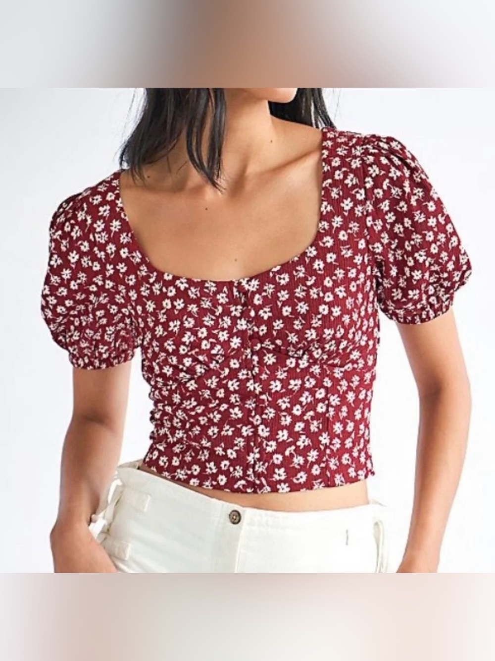 Free People Burgundy and White Floral Square-Neck Blouse - Size S